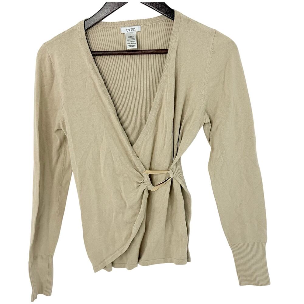 Cache Rib Knit Wrap Sweater Women's M Beige Gold Buckle Y2K